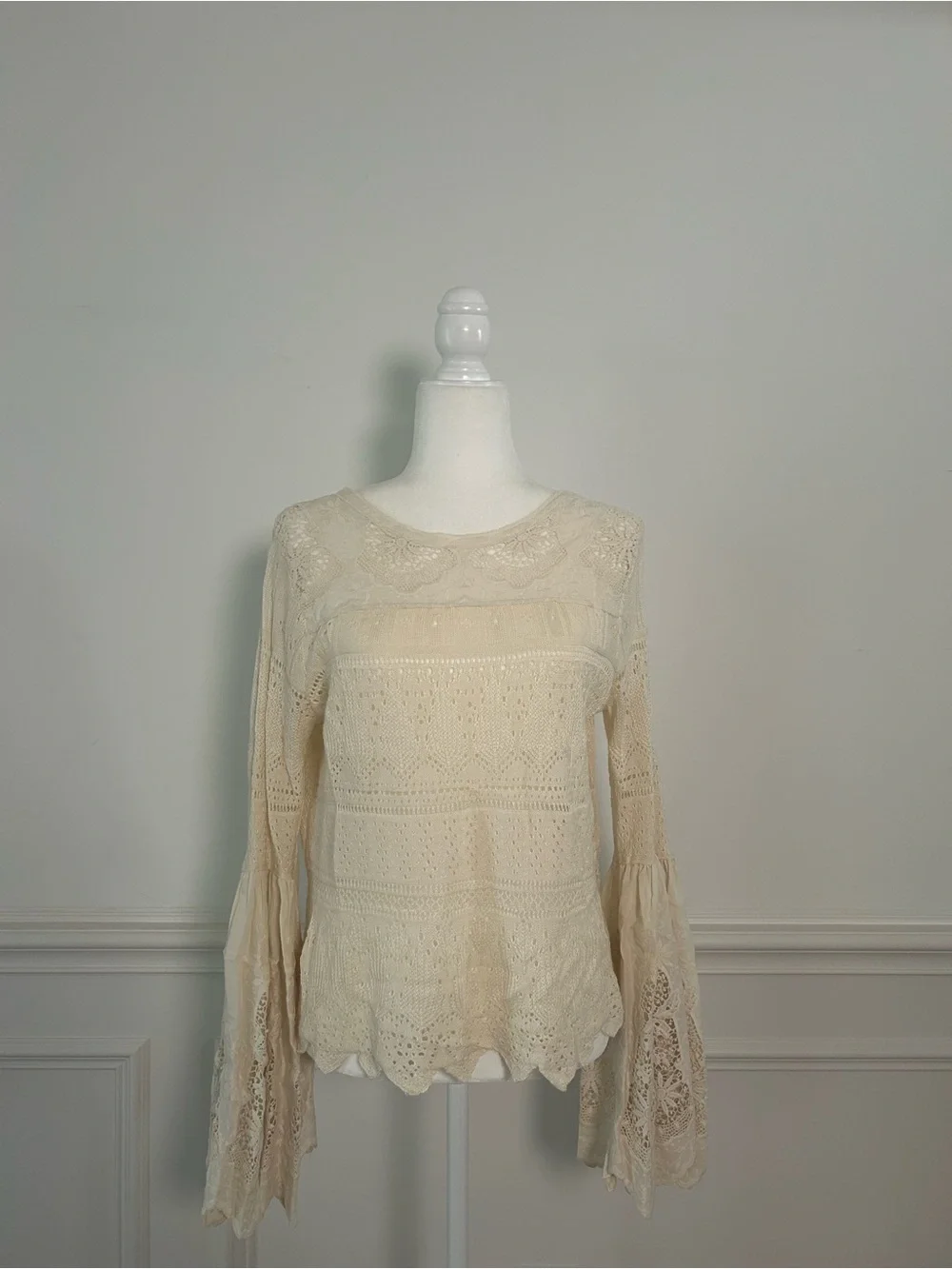Free People Cream Crochet Lace Bell-Sleeve Top